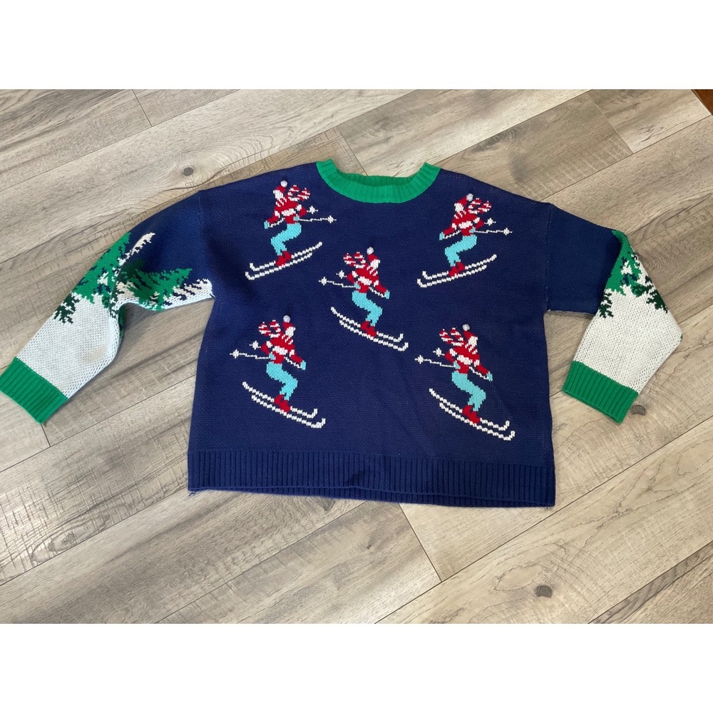 33 Degrees Mens‎ XL Blue Skiing Winter Knit Sweater Holiday Trees XS32806TGT